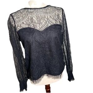 Black Lace Long Sleeve Sheer Keyhole Back Top Blouse